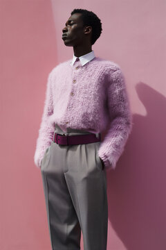full length, whole body, black male model wearing modern clothes, Advant Garde, light pink mohair sweater with polo collar, grey slacks, purple leather belt, vintage magazine photoshoot.