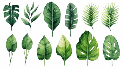 Set Collection Watercolor tropical leaves Modern green tropical leaves, clip art Botanical Illustration elegant watercolor illustration , green tropical leaves isolated white background - obrazy, fototapety, plakaty