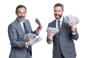 successful business men hold money dollar isolated on white. successful salary negotiation. two businessmen counting money. business success and profit. businessmen increase salary. copy space