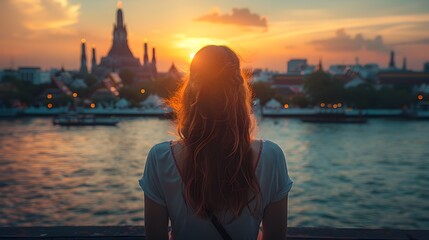 Woman Watching City Skyline at Sunset in Thai Art Style