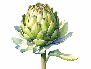 Fresh Organic Artichoke Vegetable Background, Square Watercolor Illustration. Healthy Vegetarian Diet. Soft Colored Watercolor Illustration with Delicious Juicy Artichoke Vegetable.