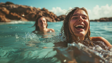 smiling Brazilian woman swimming in the ocean. its bright and sunny at the beach - obrazy, fototapety, plakaty