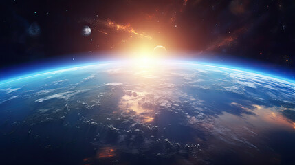 Sunrise View From Outer Space. New Sunlight Breaking Through, Night View of Earth's Surface in Deep Space Wallpaper, Orbit Perspective with Sun Setting Over the Horizon