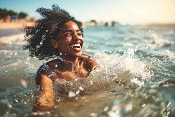 smiling African woman swimming in the ocean. its bright and sunny at the beach