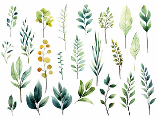 Collection of green watercolor foliage plants clipart on white background. Botanical spring summer leaves illustration. Suitable for wedding invitations, greeting cards, frames and bouquets.