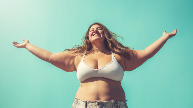 happy fat model woman, perfect skin, confident, celebrating life, studio shot, full body length