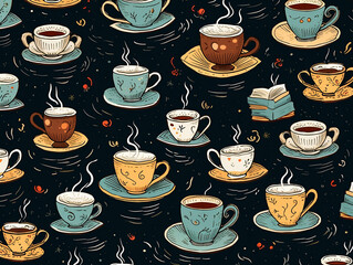 Whimsical pattern of floating teacup, books, line, and steams with isolated background