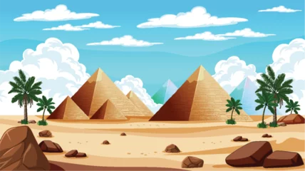 Poster Vector illustration of pyramids with palm trees. © blueringmedia