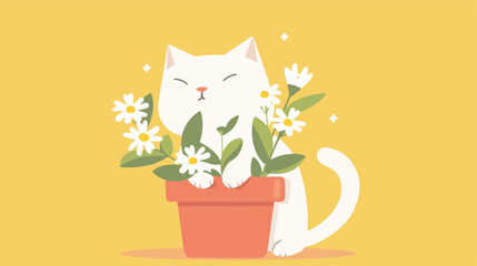 White cat kitten kitty holding daisy chamomile gr - obrazy, fototapety, plakaty