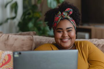 beautiful plus sized black woman working from home, sitting and using laptop, smiling and looking to the screen, video call. 