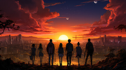 Vivid Sunset Sky: A Stunning Landscape With Silhouettes, Mountains, and Clouds at Dusk and Dawn in the Orange Evening Light of Summer, generative AI