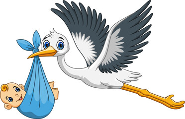
Cartoon of a cute stork carrying  a newborn baby - 743403642