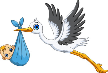 Cartoon of a cute stork carrying  a newborn baby - 743403654