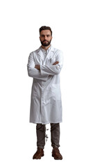 Isolated, transparent, no background, Confident Male Pharmacist in Lab Coat Posing Proudly on Gray Background, Full Body Shot