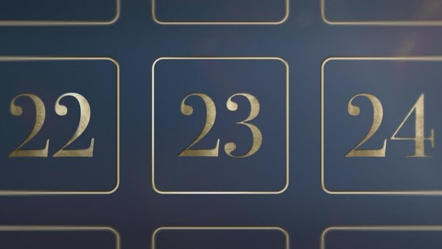 Door number 23 twenty three opening calendar reveal, updateable green screen revealing transition sting, 3D gold xmas festive golden numbered doors shiny video, Christmas Advent Calendar animation