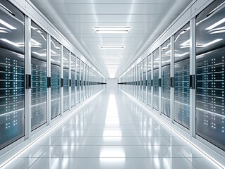 A clean, white server room as symbols of the efficiency and dependability in data management and technology 