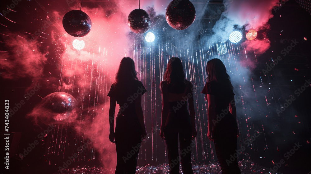 Poster background the models stand in front of a black curtain with smoke and disco balls in the background