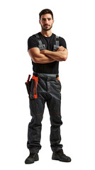Isolated, transparent, no background, Confident Male Plumber in Uniform with Toolbelt and Wrench, Skilled Tradesman Posing Proudly for Isolated Gray Background Full Body Image