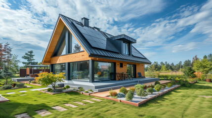 Fototapeta na wymiar Contemporary Eco-Friendly Residence Featuring Rooftop Solar Panels in Suburban Setting