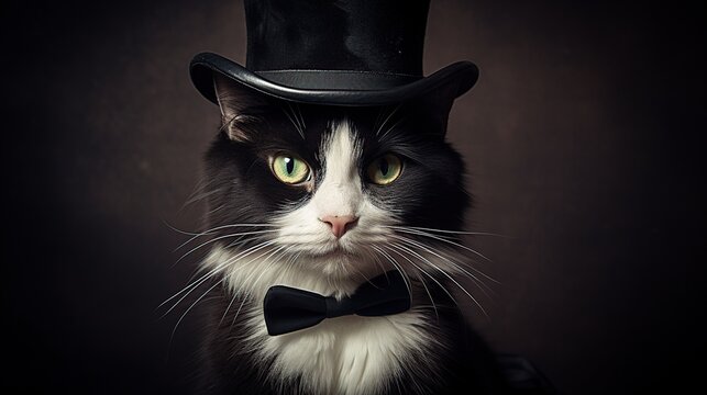 Black and white cat wearing a top hat and bow tie on dark background