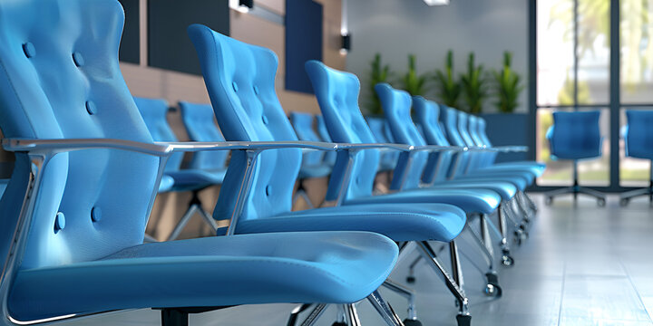 Conference meeting room rows of blue chairs.AI Generative