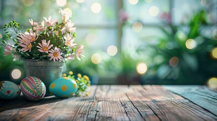 Empty table background with defocused easter theme in background.