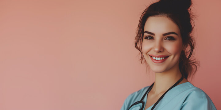 beautiful stylish nurse woman, perfect skin, smiling, studio shot, peach light color background 