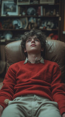 Obraz premium 1980s teenage boy, pensive look, dark hair., preppy sweater, collared shirt, khakis. moody room, 80s memorabilia. background