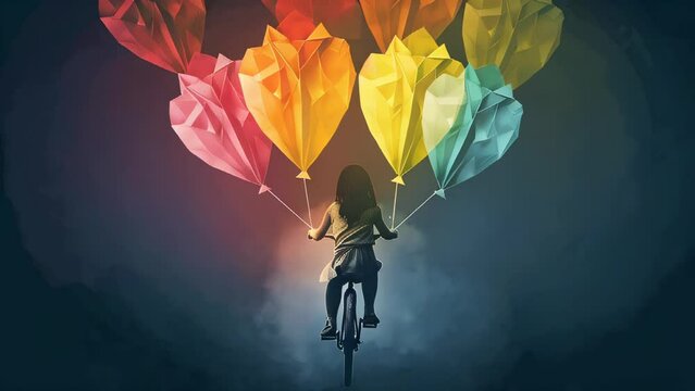 A person riding a bicycle towing colorful balloons advancing through the night, with fantastical colorful lights blending into the background
