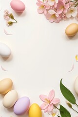 Naklejka na ściany i meble Easter eggs on pastel background with copy space.