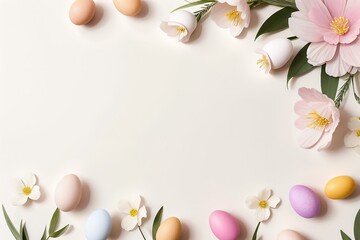 Naklejka na ściany i meble Easter eggs on pastel background with copy space.