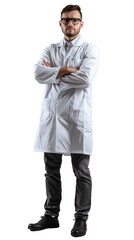 Isolated, transparent, no background, Unbelievable Beautiful Proud Male Researcher in Gray Background Full Body Pose confident intelligent successful handsome smart - profession scientist lab coat gla