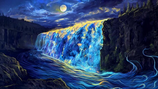 A waterfall shines under the starry sky and aurora, a mystical natural scene at night
