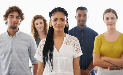Business people, portrait and happy with teamwork in studio for recruitment, onboarding and hiring...