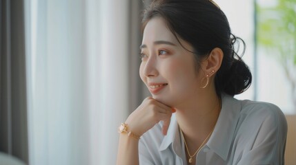 28 years old, Japanese woman, light grey shirt, light grey skirt, one thin gold ring,influencer, Jewelry Advertising , one thin gold bracelet, smile, side view, look away, AI Generative