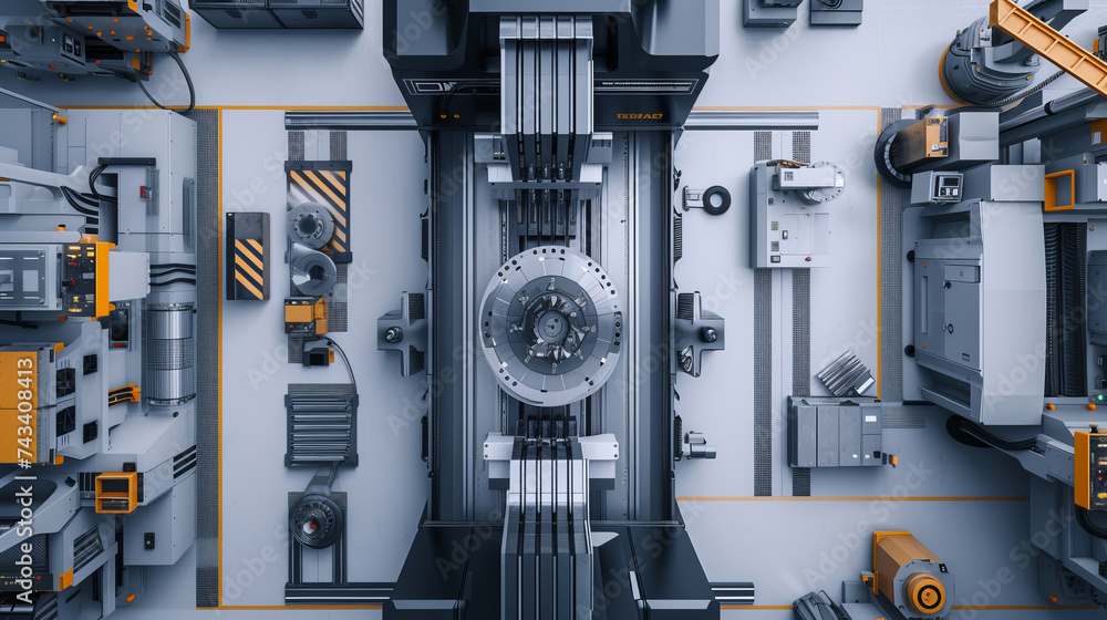 Poster a bird's-eye view of a high-precision cnc machine tool, focusing on its layout and components within