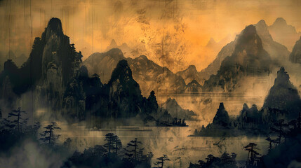 Ancient Chinese Style Painting Drawing of Mountains and Rivers 