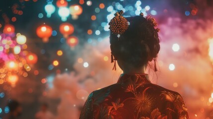 A colorful fireworks show, colorful sparks flying in the sky, smoke filled the air, Chinese people cheered, Back view, multiple exposure, Classicism, 16k, high resolution, AI Generative - obrazy, fototapety, plakaty