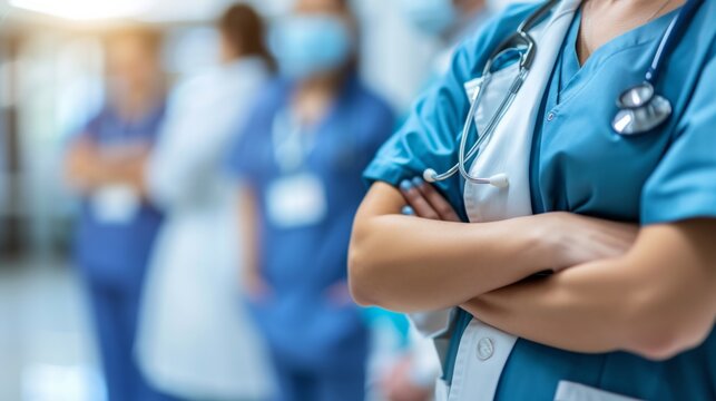 A close-up image of a hospital setting, with a blurred background highlighting medical staff in action, professional and caring environment. Created Using close-up photography styl, AI Generative