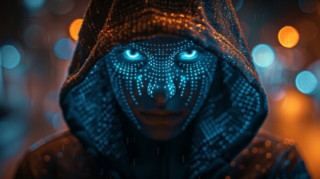 Unseen hacker, cyber criminal silhouette, hooded in the digital void, face lost to matrix codes, a blue cybernetic mystery,, AI Generative