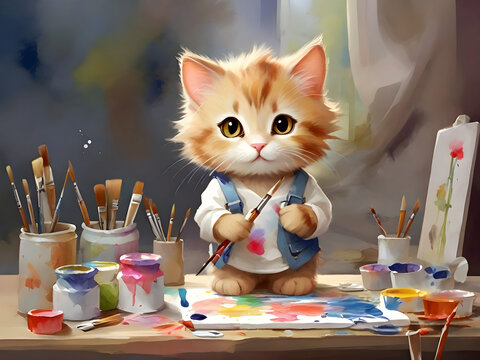A cute painter pet kitten is standing on a painting table with a paintbrush in hand
