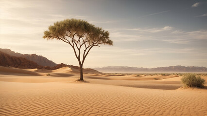 Tree in barren desert with lush green foliage