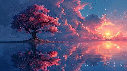 Whimsical fantasy landscape, tree of desires in pink and blue, imaginative vibrant setting, dreamlike beauty AI Generative