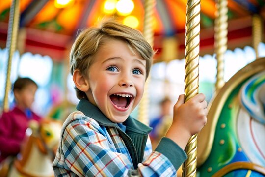 Cute little boy having fun on merry-go-round in amusement park