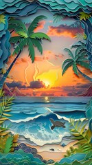 Fototapeta na wymiar Sea Turtles Sunset Hawaii Ocean Breech Beach Paper Cut Phone Wallpaper Background Illustration