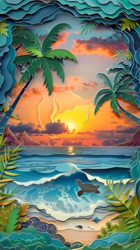 Sea Turtles Sunset Hawaii Ocean Breech Beach Paper Cut Phone Wallpaper Background Illustration