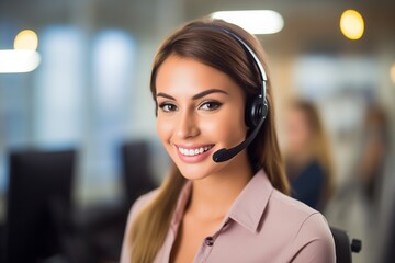 Woman wearing a headset at office call center