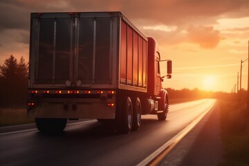 Big truck driving on a road at sunset