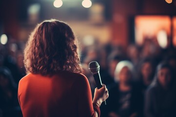 Woman speaking at a conference - obrazy, fototapety, plakaty