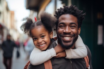 A black father carrying his daughter on his back - obrazy, fototapety, plakaty